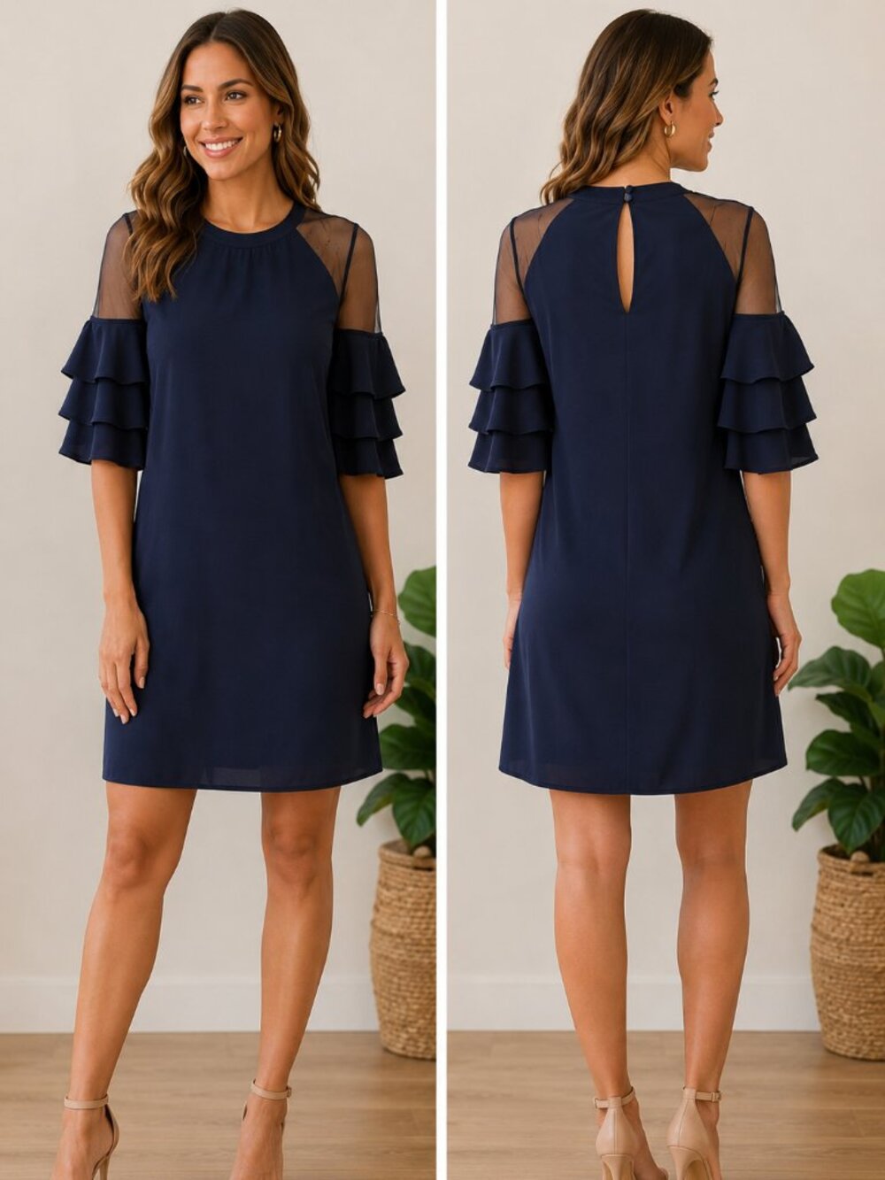 Alton Gray Navy Shift Dress Size 6 Cold Shoulder Mesh Ruffle Sleeve Cocktail